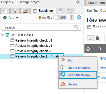 Initiate a Review from a Baseline screenshot